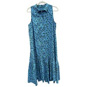 Maeve Anthropologie Paola Flounced Midi Dress Size M Blue Leopard Tiered Button